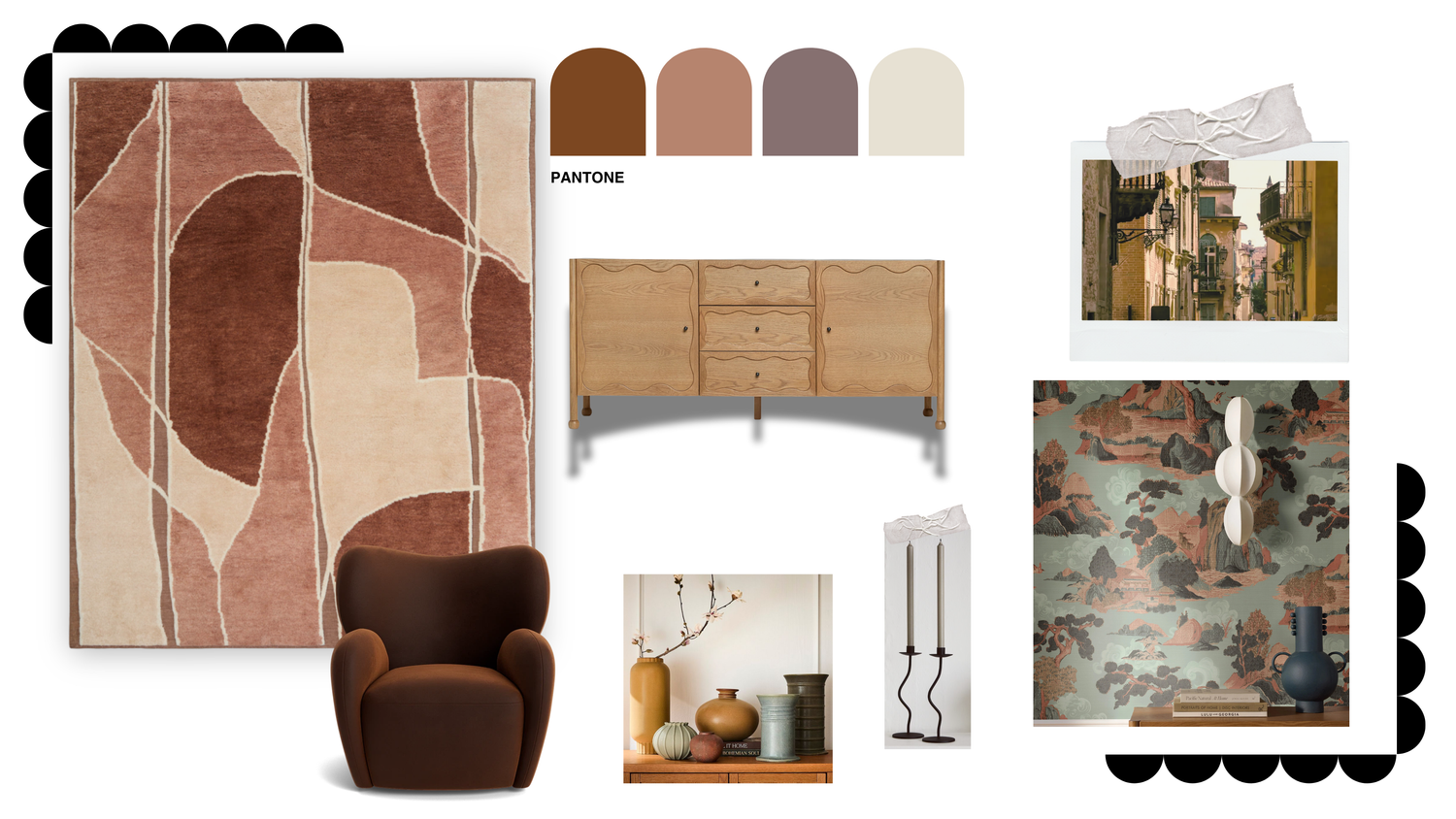 Photo representing a moodboard with home furnitures and colors